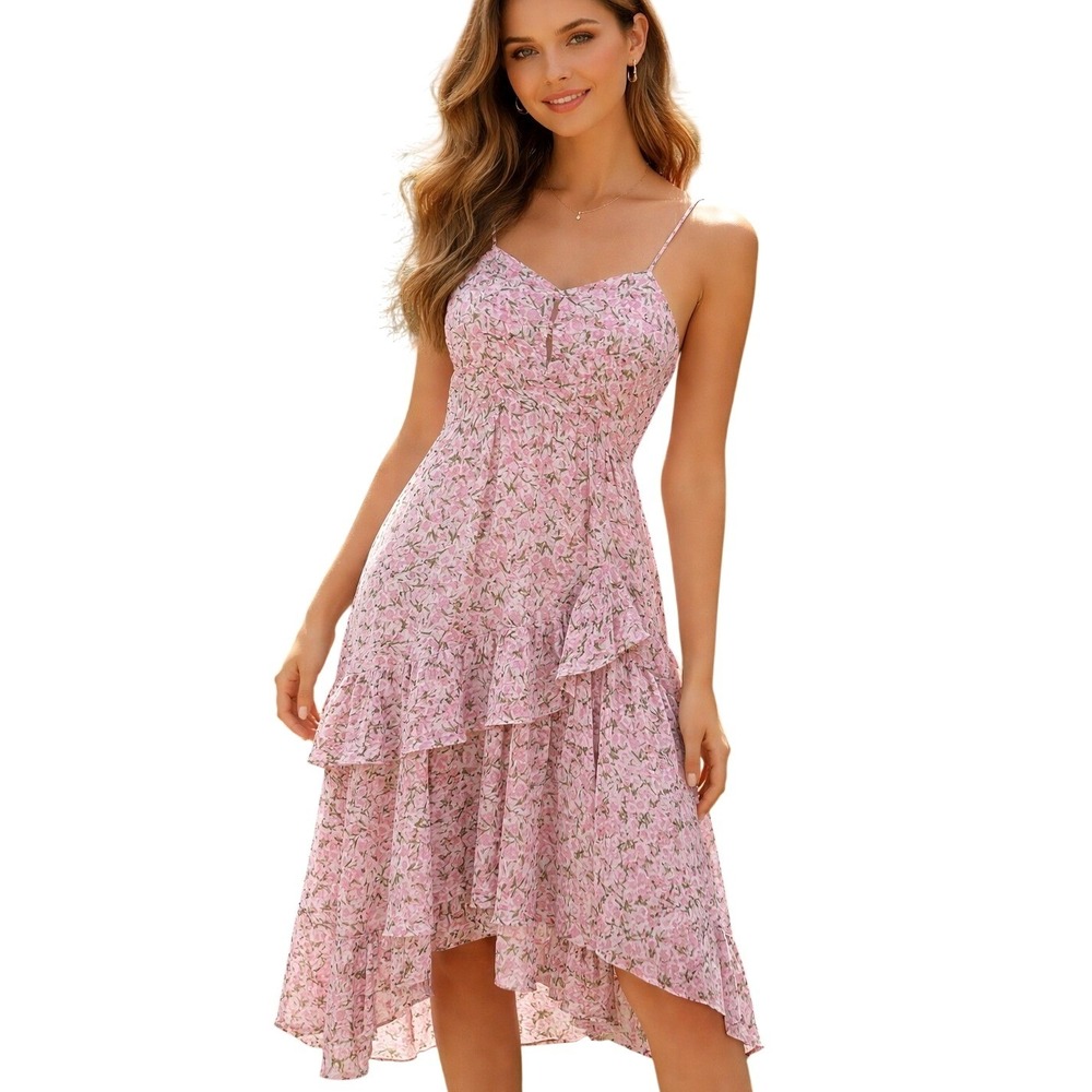 MINKPINK Pink Floral Ruffle Hem Liberty Midi Dress Size Medium